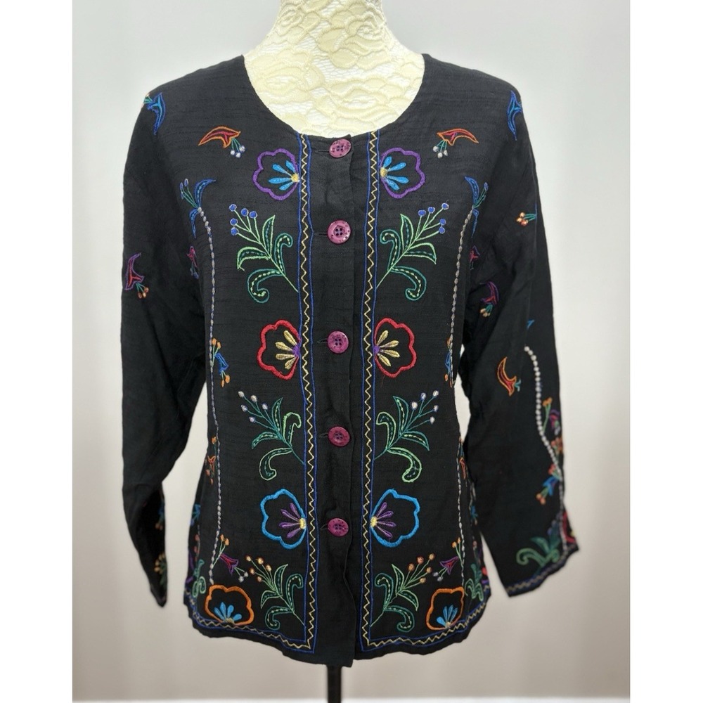 VTG Life Styles Womens Small Silk Blend Embroidered Floral Jacket Top Black Boho